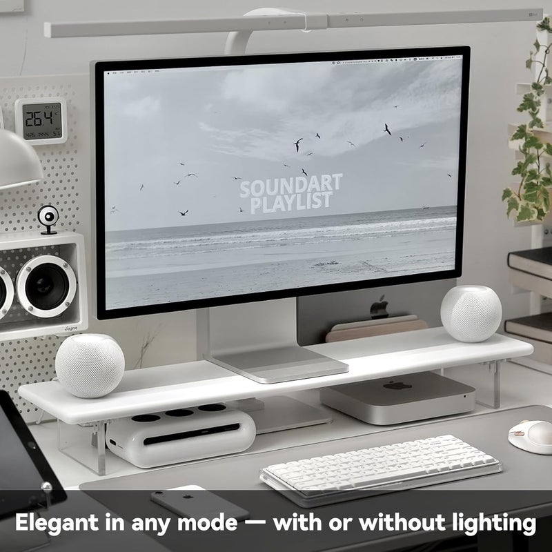 ROCDEER Bamboo Monitor Stand Riser with RGB Lights,31.5 Inches Desktop Shelf with Acrylic Legs Supports for Desk, PC Computer Monitor, Laptops, Printer, Speakers (White) - Image 2